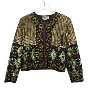 Adrianna Papell Evening Silk Beaded Sequin Jacket Vintage Gold Green Womens L